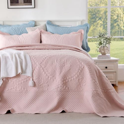 EVENHUG Oversized King Bedspreads California King Quilt Set with Pillow Shams Extra Wide Large King Size Quilts Lightweight Coverlet Bedding Sets Pink 120"x120"