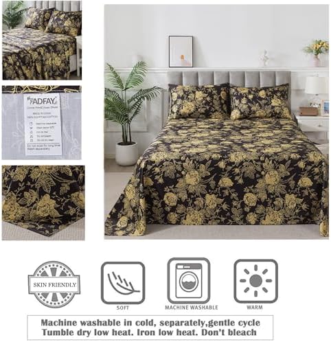 FADFAY Rose Sheets Set Queen Vintage Black Gold Floral Bedding Shabby Peony Botanical Sheets Luxury Farmhouse Bedding 800 Thread Count 100% Egyptian Cotton Deep Pocket Fitted Sheet 4Pcs, Queen Size