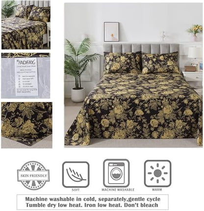FADFAY Rose Sheets Set Twin Vintage Black Gold Floral Bedding Shabby Peony Botanical Sheets Luxury Farmhouse Bedding 800 Thread Count 100% Egyptian Cotton Deep Pocket Fitted Sheet 4Pcs, Twin Size