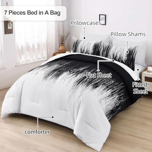 Dinjoy Ombre Black Comforter Set Full Size Gradient Black White Boho Bedding Set for Teen Men Women 7 Pieces Bed in A Bag Bohemian Bed Set with Comforter, Sheets, Pillowcases & Shams