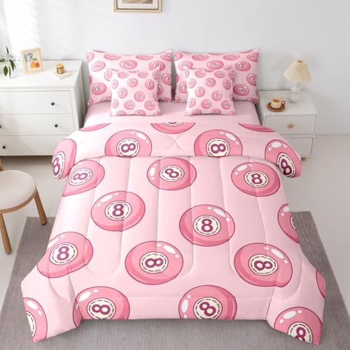 Erosebridal Pink Lucky 8 Ball Full Bedding Set 7 Piece for Girls Room Decor,Fashion Trendy Y2K Comforter Set for Kids Teen Adults,Girly Coquette Preppy Bed in A Bag Aesthetic Funky Y2K Bed Set