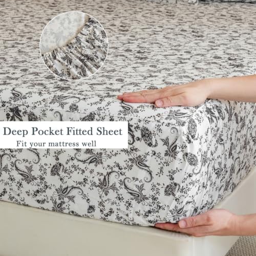 FADFAY 100% Cotton Full Sheet Set, Ivory Black Paisley Floral Bed Sheets