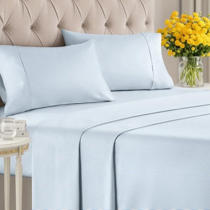 Cal King 4 Piece Striped Sheet Set - Soft & Cooling - Sky Blue Pinstripe
