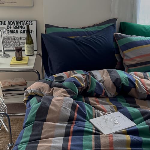 mixinni Blue Striped Duvet Cover Twin Size 100% Washed Cotton 3 Pcs Vintage Striped Bedding Set Soft Breathable Comforter Cover Set for Boys Girls Bedroom