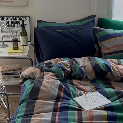 mixinni Blue Striped Duvet Cover Twin XL 100% Washed Cotton 3 Pcs Vintage Striped Bedding Set Soft Breathable Comforter Cover Set for Boys Girls Bedroom