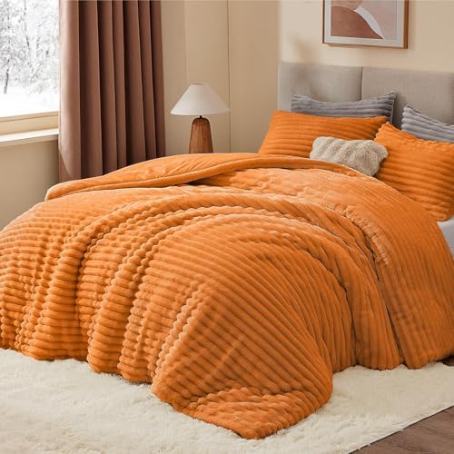 BEDELITE Fleece California King Comforter Set, Fluffy Bed Set, Burnt Orange