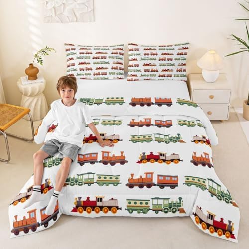 Feelyou Retro Train Comforter Set Full Size Vintage Steam Locomotive Down Bedding Set for Kids Boys Girls Transportation Vehicles Duvet Quilt Bedroom Decor Microfiber 3 Pcs with 2 Pillow Cases