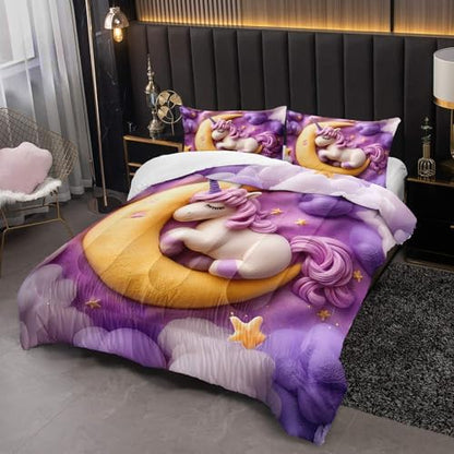 Purple Unicorn Full Bed Sheets and Comforter Set Kids Girls，Galaxy Unicorn Full Bedding Sets for Girls，with 1 Comforter with 2 Pillow Case