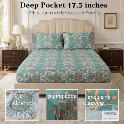 FADFAY Premium 100% Cotton Percale King Sheet Set, Teal Botanical Floral