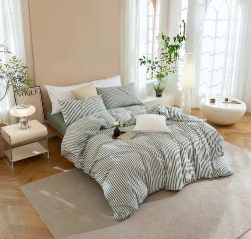 JIYUAN Super King Plus Washed Cotton Duvet Cover Set Linen-Like Stripe