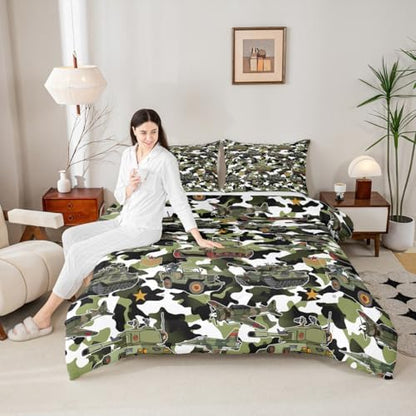 Manfei War Theme Comforter Set King Size, Army Aircraft Tanks Down Comforter with 2 Pillowcases, Retro Green Camouflage Bedding Set 3pcs for Kids Boys Teens Room Decor Lightweight Duvet Insert