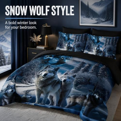 AILONEN Boys Snow Wolf Comforter Set Full 7-Piece Bed in a Bag - Printed Bedding Set for Kids Adults, Safari Animal Comforter, Fitted Sheet, Flat Sheet, 2 Pillowcases, 2 Pillow Shams - Black