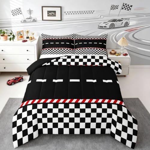 Feelyou Boys Race Car Comforter Set All Season Black White Plaid Bedding Set with 2 Pillow Cases Buffalo Check Microfiber Kids Full Bedclothes Bedroom Decor Duvet Quilt Breathable Soft Lightweight