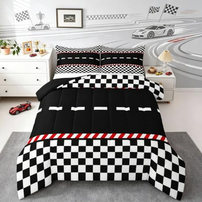 Feelyou Boys Race Car Comforter Set All Season Black White Plaid Bedding Set with 2 Pillow Cases Buffalo Check Microfiber Kids Full Bedclothes Bedroom Decor Duvet Quilt Breathable Soft Lightweight