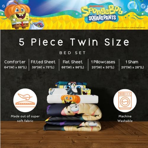 Spongebob Squarepants Kids Halloween Bedding 5 Piece Super Soft Cozy Reversible Comforter and Sheet Set with Sham, Twin, (Officially Licensed Product) By Franco