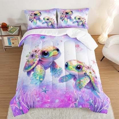 Kids Comforter Set Turtle Bedding Twin Size with 2 Pillowcases.