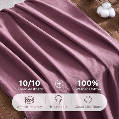 JELLYMONI 100% Washed Cotton Deep Rose Duvet Cover Twin, Linen-Like