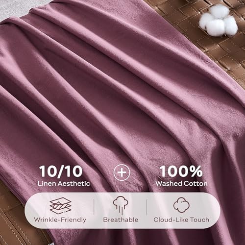 JELLYMONI 100% Washed Cotton Deep Rose Duvet Cover Full, Linen-Like