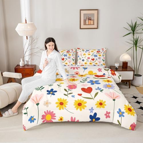 jejeloiu Cute Flower Comforter Set Toddler Size Floral Botanical Pattern Bedding Set for Kids Boys Girls Kawaii Duvet Quilt Blossom Flowers Pattern Bedroom Decor Microfiber 2 Pcs with 1 Pillow Cases