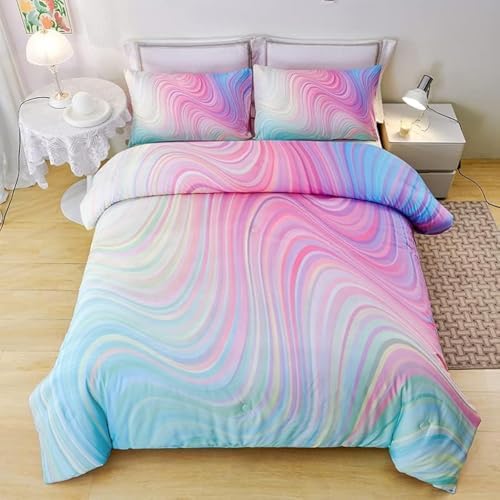 Girls Pink Comforter Twin,Pink Bedding Set for Girls,Tie Dye Comforter Set,Kids Comforter Set for Girl,Teen Comforter Twin with 2 Pillowcases,Rainbow Beddding