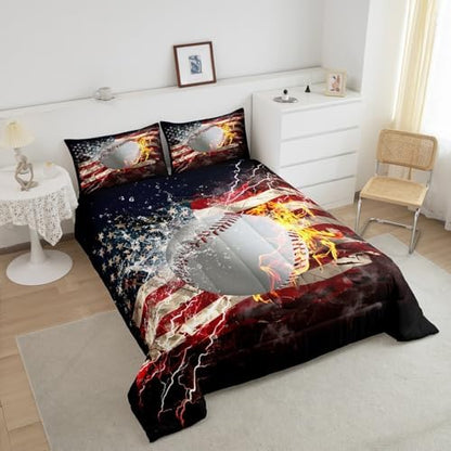 Baseball Comforter Set Full Size For Boys Teens, American Flag Bedding Set United States Sports Games Duvet Sets Gold Fire Down Comforter, Usa Federations Stars Stripes Comforter Bedroom Decor