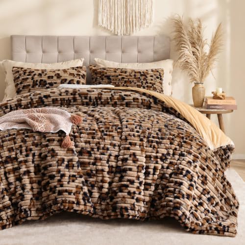 Smoofy Fluffy King Size Comforter 3 PCS - Cheetah Brown Fleece Bedding Set