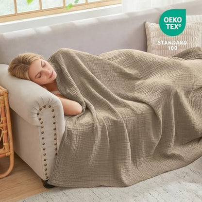 EMME Muslin Blankets for Adults Throw Blanket for Couch Breathable Gauze Soft Lightweight Airy Tan Throw XL 50" x 71"
