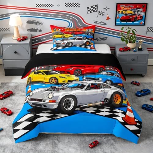 Feelyou Boys Race Car Kids Comforter Set Toddler Size Speed Sports Car Bedding Set Racing Extreme Sports Duvet Quilt for Kids Boys Girls Bedroom Automobile Decor Microfiber Ultra Soft Breathable