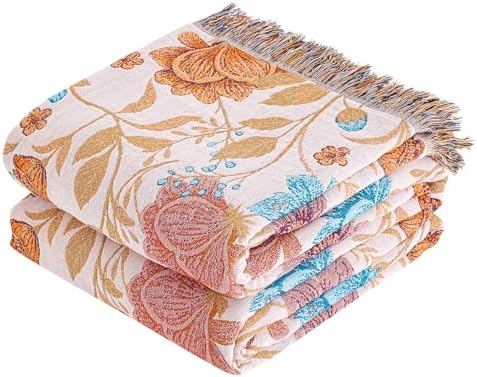 VANJOROY Boho Throw Blanket, 100% Organic Cotton Breathable Ultra Soft 50" x 60" Bed Quilt Throw - All Season Floral Rustic Farmhouse Decor Luxury Reversible Blanket for Sofa Couch Chair and Gift