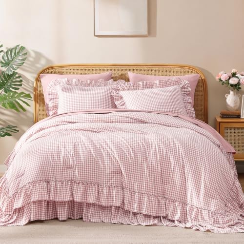 King Size Comforter Set Pink Gingham Ruffle 7 Pieces Farmhouse Bed in a Bag