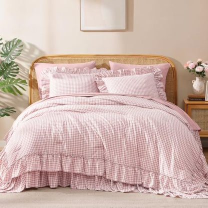 King Size Comforter Set Pink Gingham Ruffle 7 Pieces Farmhouse Bed in a Bag