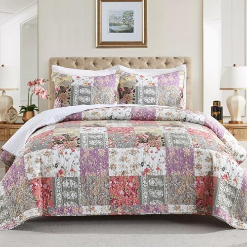 HIARUO Quilt Set King Size, 3 Pieces Bedspread Coverlet Plaid Patchwork Quilt Farmhouse King Size Comforter Set Lightweight Bedding with 2 Pillow Covers Shams for All Season Floral Red Purple