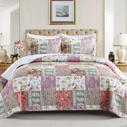 HIARUO Quilt Set King Size, 3 Pieces Bedspread Coverlet Plaid Patchwork Quilt Farmhouse King Size Comforter Set Lightweight Bedding with 2 Pillow Covers Shams for All Season Floral Red Purple
