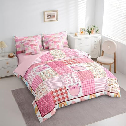 Feelyou Pink Pig 7 Piece Bedding Set Queen Size for Boys Girls