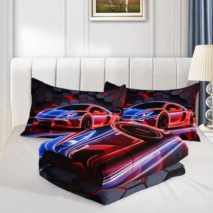 HOSIMA Honeycomb Geometric Race Car Full Comforter with 2 Pillowcases.