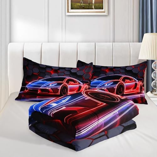 HOSIMA Honeycomb Geometric Race Car Twin Comforter with 2 Pillowcases.