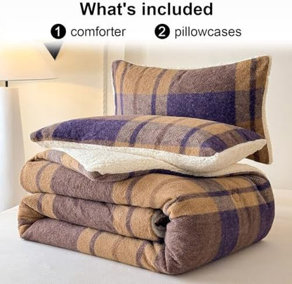 Cyusri Plaid Sherpa Comforter Set 3Pcs Fluffy Warm Fleece Down Alternative, Khaki Blue Grid Pattern Bedding Set with 2 Pillowcases, Queen Size 90"x90"