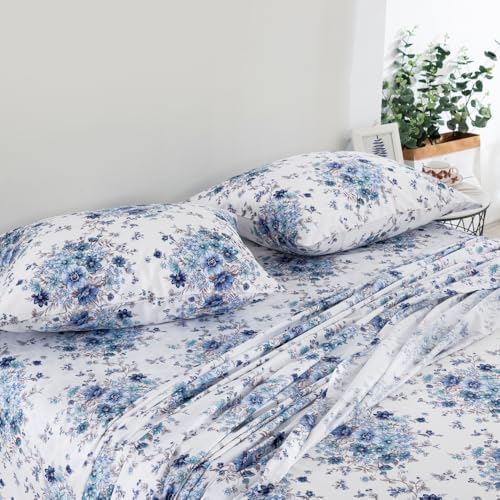 DAUAOTO Queen Size Printed Sheets Set, 100% Cotton Bedding Sets, Up to 14" Deep Mattress, Floral Pattern Bedlinen Set, French Blue