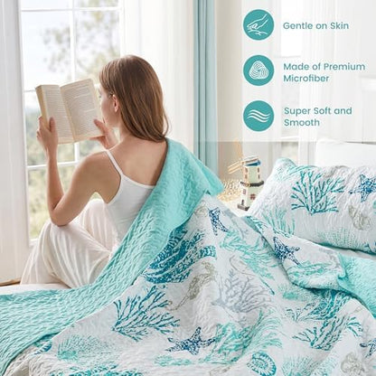 Qucover Coastal Quilt King Size 98"x106", Ocean Beach Themed Bedding with Seashell Coral Pattern, Soft Lightweight Reversible Microfiber Bedspread, Nautical Coverlet for Summer, Teal Green
