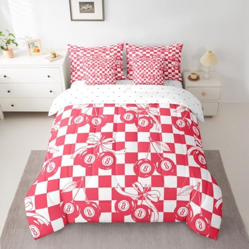 Fashion Trendy Y2K Comforter Set King Size Lucky 8 Ball 7 Piece Bedding Set For Kids Boys Girls,Funky Coquette Bow Bed In A Bag With Sheets Preppy Room Decor,Red White Simple Geometric Plaid Bed Set