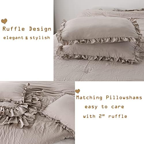 Masaca Twin Bedding Comforter Set with Ruffles,Shabby Boho Chic Taupe Farmhouse Comforter 3 Pieces (1 Kids Ruffled Comforter+2 Pillowcases) Ultra Soft Vintage French Country Bedding Sets