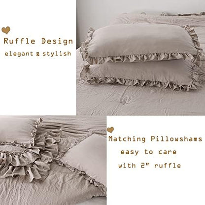 Masaca Twin Bedding Comforter Set with Ruffles,Shabby Boho Chic Taupe Farmhouse Comforter 3 Pieces (1 Kids Ruffled Comforter+2 Pillowcases) Ultra Soft Vintage French Country Bedding Sets