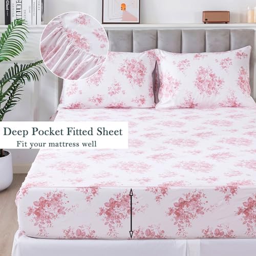 FADFAY California King Sheets Set 100% Cotton Pink Rose Floral Bed Sheet, Coquette Cottagecore Bedding for Girls Women, Soft Crisp & Breathable Luxury Shabby Vintage Deep Pocket Fitted Sheet, 4Pc