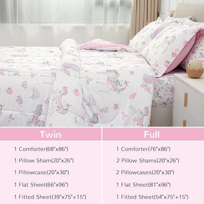 Viviland Kids Full Bedding Sets, Girls Comforter, White Unicorn