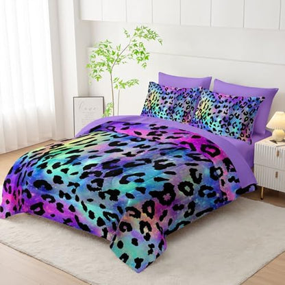 7Pcs Comforter Set Purple Leopard Printed Bedding Set with 1 Comforter, 1 Flat Sheet, 1 Fitted Sheet and 4 Pillowcases for Boys and Girls Bedroom All Season(Twin)