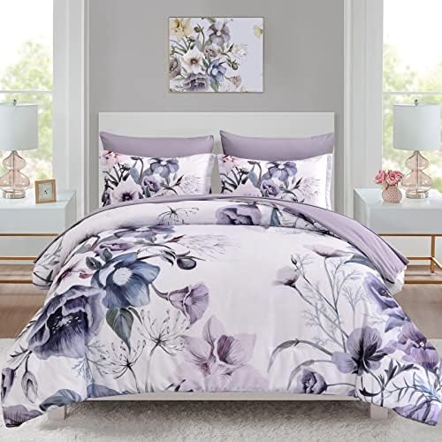 Luxudecor Floral Comforter Set California King Size 7 Piece, Purple Flower Bed in a Bag, Elegant Floral Comforter with Sheet Set, Soft Microfiber Bedding Set for All Season (Purple, 104"x96")