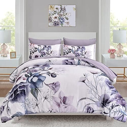 Luxudecor Floral Comforter Set California King Size 7 Piece, Purple Flower Bed in a Bag, Elegant Floral Comforter with Sheet Set, Soft Microfiber Bedding Set for All Season (Purple, 104"x96")
