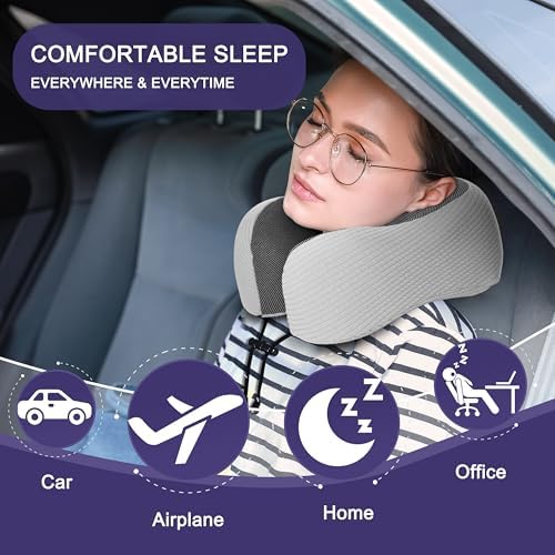 napfun Neck Pillow for Travel, Memory Foam Airplane Pillow, Mist Gray