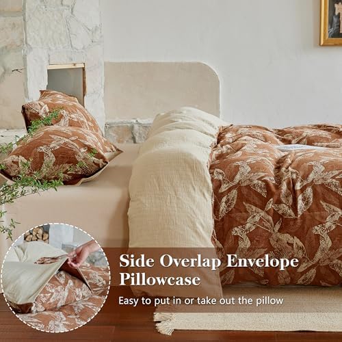 Simple&Opulence Muslin Duvet Cover Set King Size, 100% Washed Cotton 3 Pieces Yarn-Dyed Vintage Brown Floral Jacquard Textured Bedding, Soft & Breathable Gauze Comforter Cover with Zipper Closure