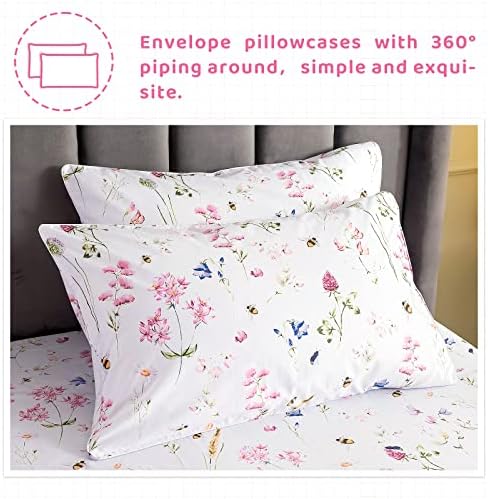 QSH Floral Bed Sheets Set Queen Size - Shabby Flower Bee Print Bed Sheet Set - Extra Soft and Breathable 100% Egyptian Cotton - 4 pcs Deep Pockets Flower Bed Sheets Queen Size Sets